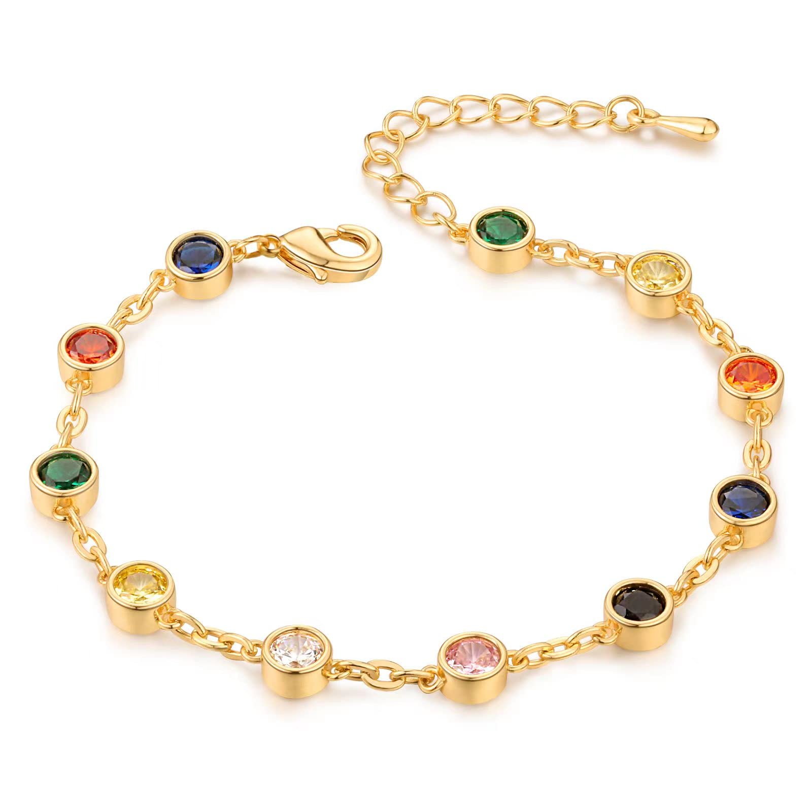 Gold Rainbow Gemstones Bracelet Dainty Zircon Stone Bracelet Gift for Party Bitrhday Christmas Outfit