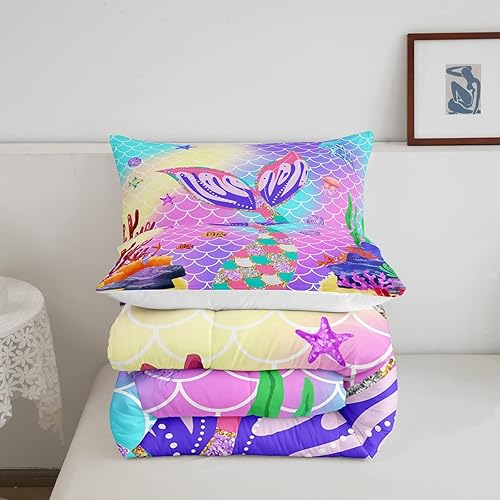 Miniatura 5 de Juego de ropa de cama de sirena para niñas, tamaño matrimonial, juego de edredón de sirena náutica, animales marinos, cola de sirena, medusa