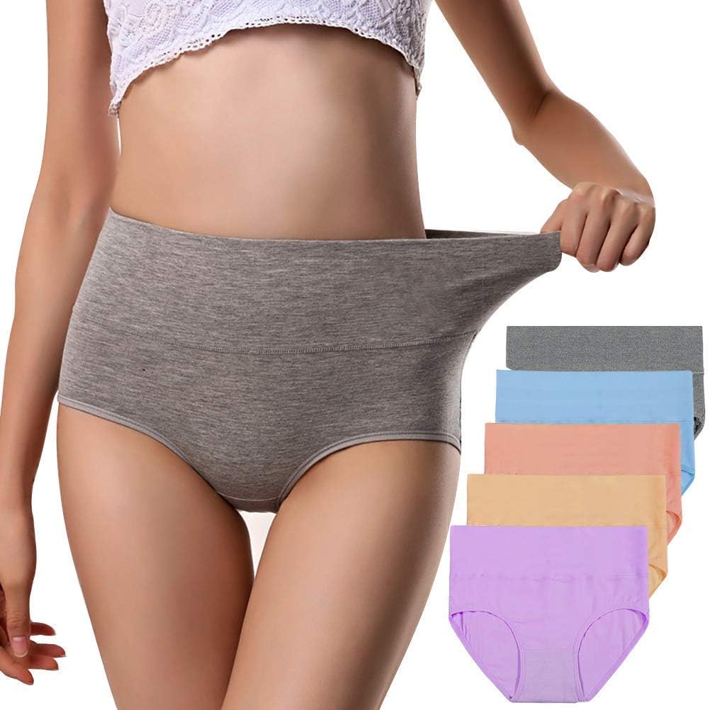 Womens Underwear, Soft Cotton High Waist Breathable Solid Color Briefs Panties for Women