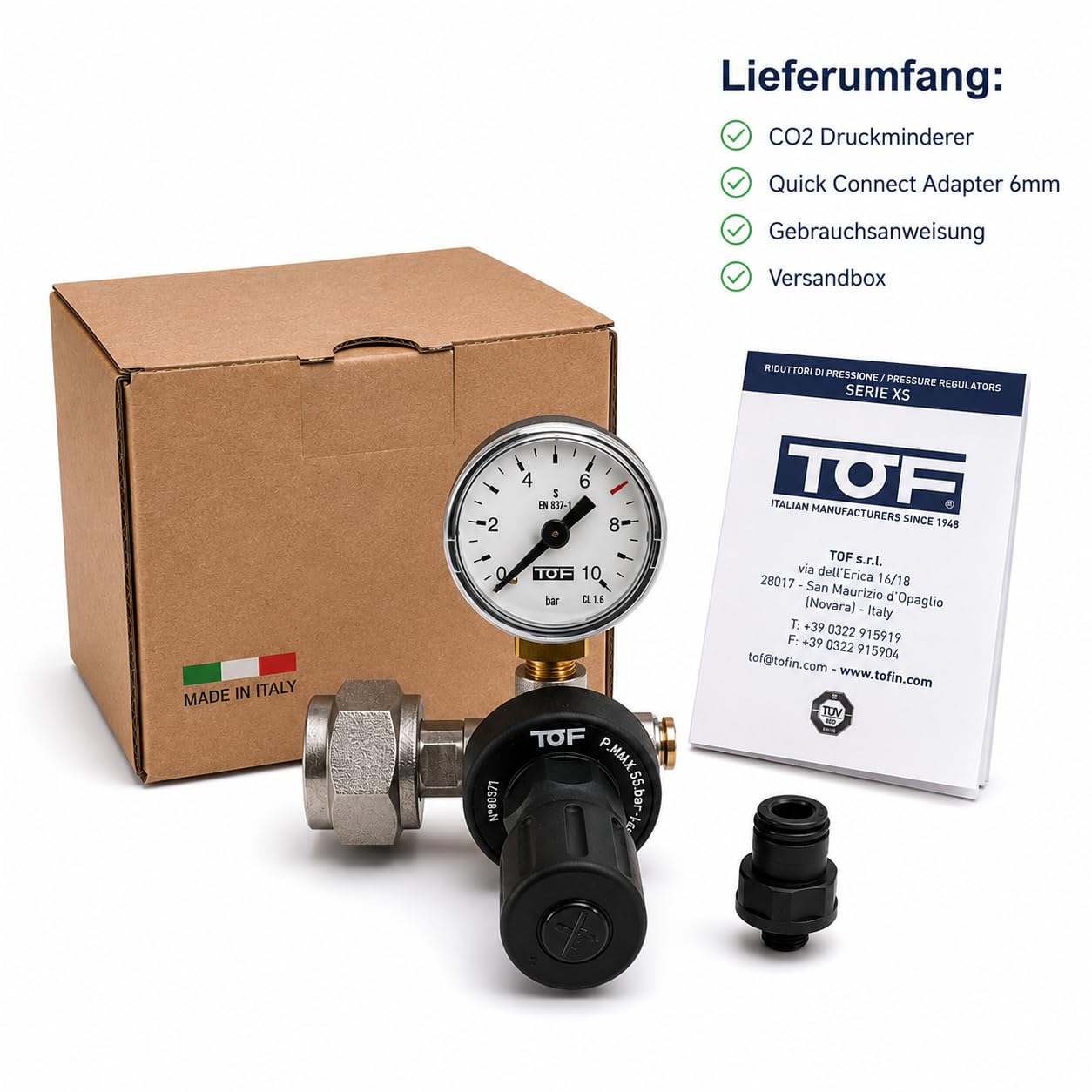 Riduttore di pressione CO2 per bottiglie riutilizzabili fino a 5,5 bar, UE con attacco W21,8 x 1/14" + connettore tubo 6 connettori per impianti di irrigazione, adatto anche per uso acquario
