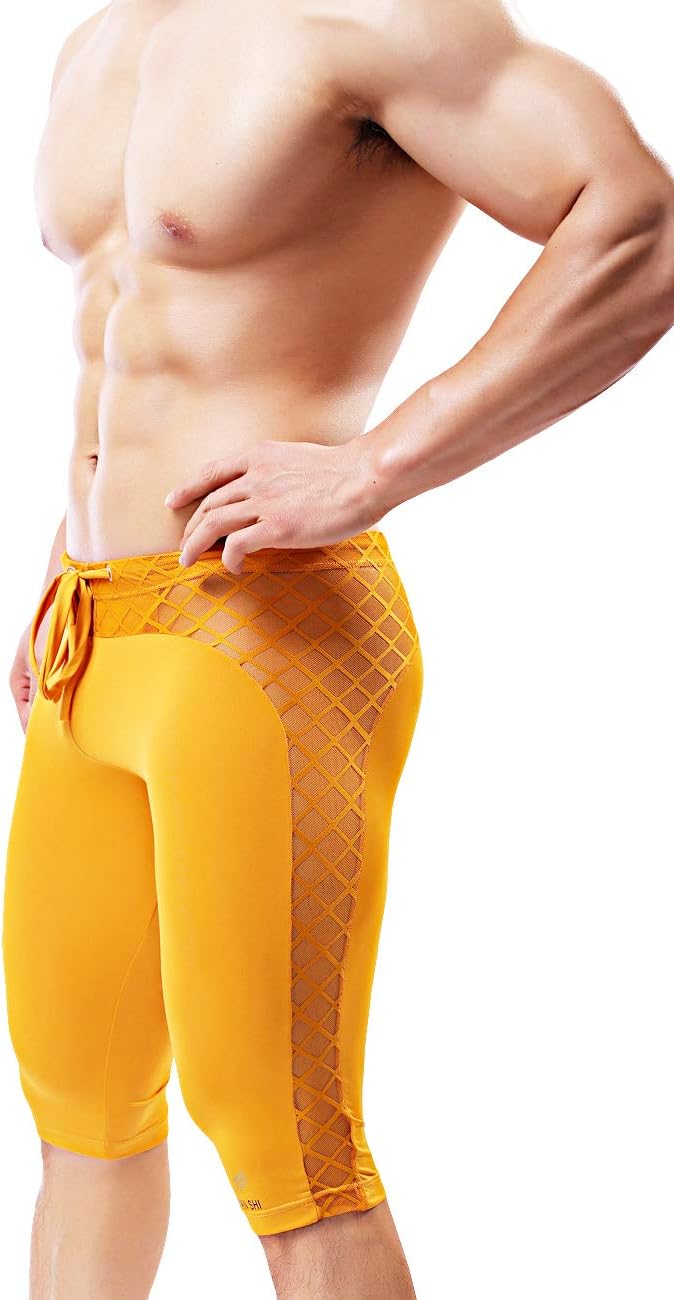 MIZOK Men's Soft Mesh Cool Dry Compression Yoga Workout Tight Shorts (S Fit Waist Size 26-28inch, Yellow) - Image 4