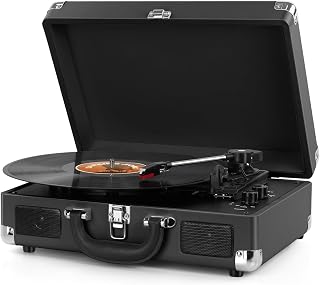 Tocadiscos de Vinilo, Mersoco Tocadiscos Bluetooth Retro con Altavoces Integrados y 3 velocidades, Gramófono Vintage portátil con Salida RCA/AUX-IN，Negro