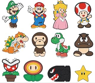 5D Diamond Painting Stickers Kits,12PC DIY Mario Bros Handmade Art Craft Rhinestone Role Stikcers for Kids,Mario Brother Super Mario Themed Diamond Art by Numbers Kits Multicolor 02 10cmx10cm