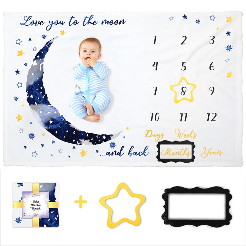 ESSEN Baby Monthly Milestone Blanket for Baby Boy Gifts for Newborn Baby Weekly Milestone Photo Growth Blanket Baby Milestone Props with 2 frames- Blue (150x100cm)