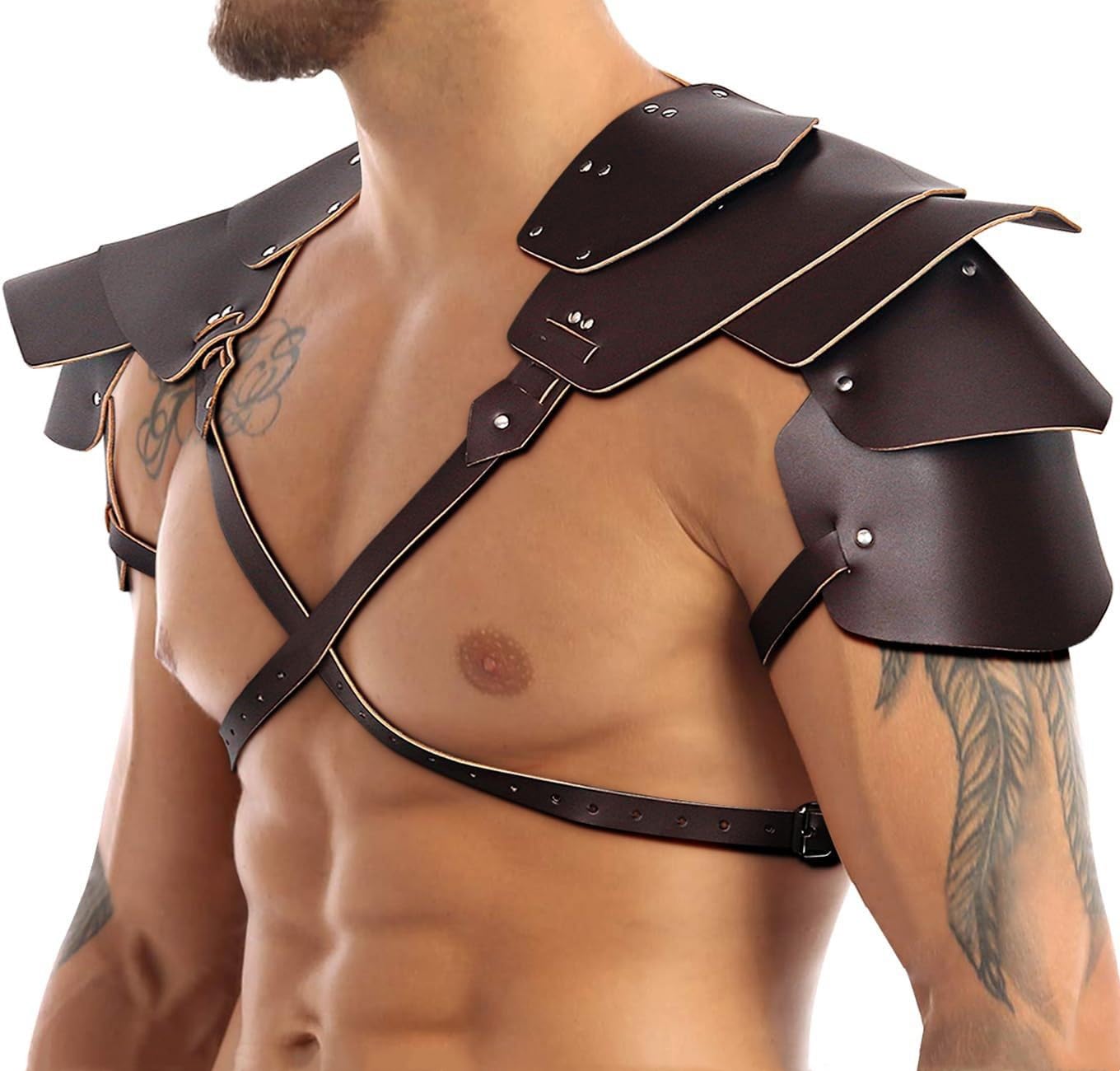 Medieval Knight Shoulder Armor PU Leather Viking Warrior Chest Harness Adjustable Gladiator Shoulder Pauldron Armor Steampunk Arm Guards Halloween Cosplay Party Fancy Dress Costume for Adults