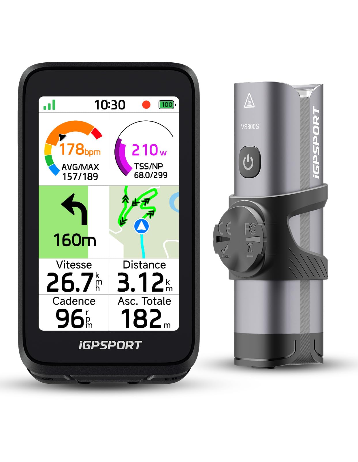 iGPSPORT BiNavi Air Compteur Velo sans Fil et 800 Lumens Lumiere Velo
