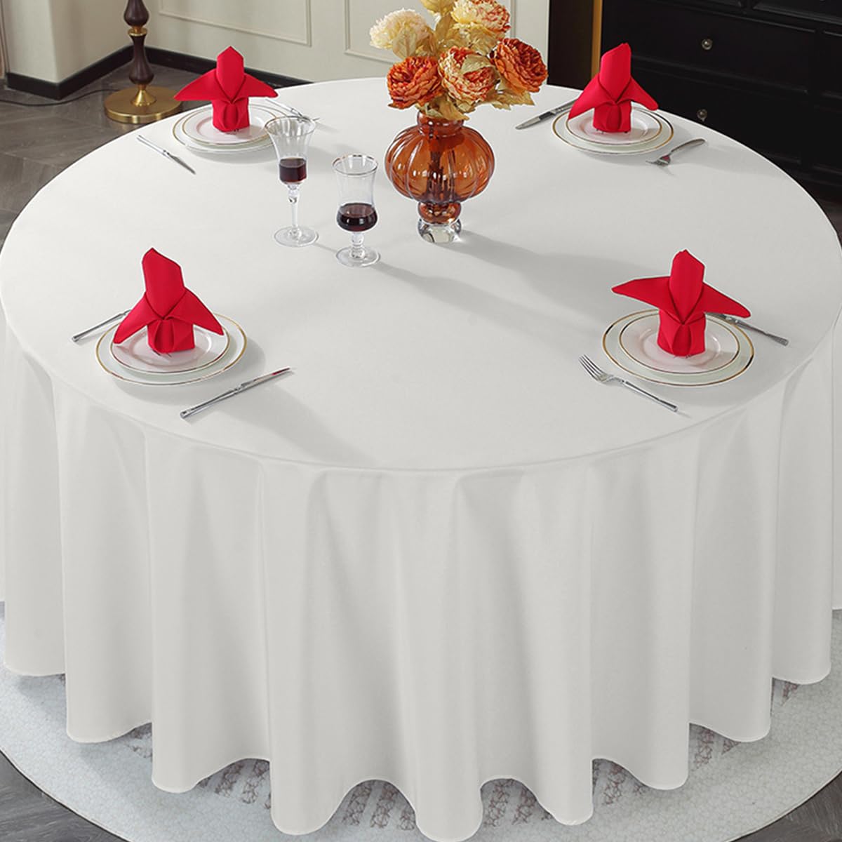 Tischdecke, Polyester, rund, weich und langlebig, ideal für Dinnerpartys, besondere Anlässe und den täglichen Gebrauch, runde Tischdecke, Durchmesser 160 cm, Reisweiß