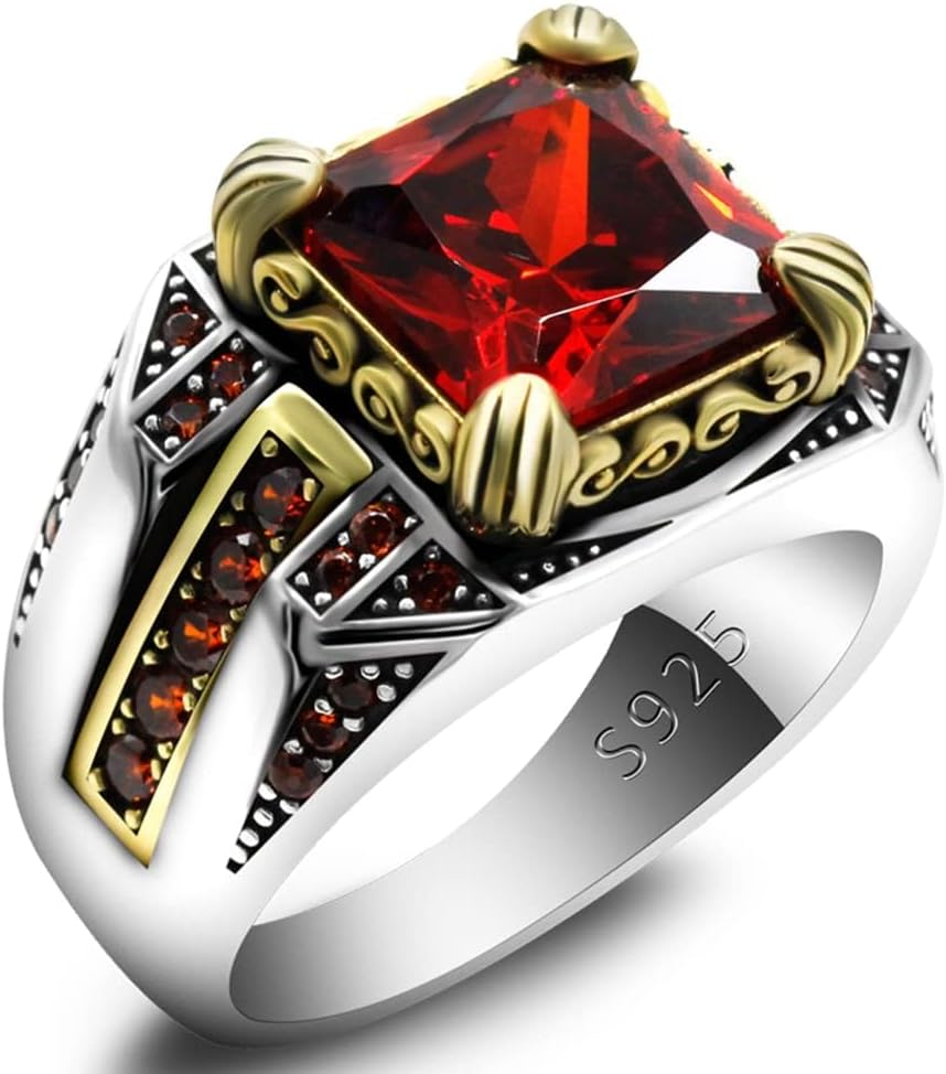 LovePlus Solid S925 Sterling Silver Square Zircon Ring Red Green, Blue Gem Turkey Handmade Elegant Style Men's/Women's Ring, Suitable for Daily Wear Gift Size 7-12