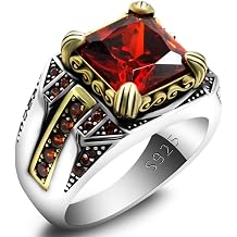LovePlus Solid S925 Sterling Silver Square Zircon Ring Red Green, Blue Gem Turkey Handmade Elegant Style Men's/Women's Ring, Suitable for Daily Wear Gift Size 7-12