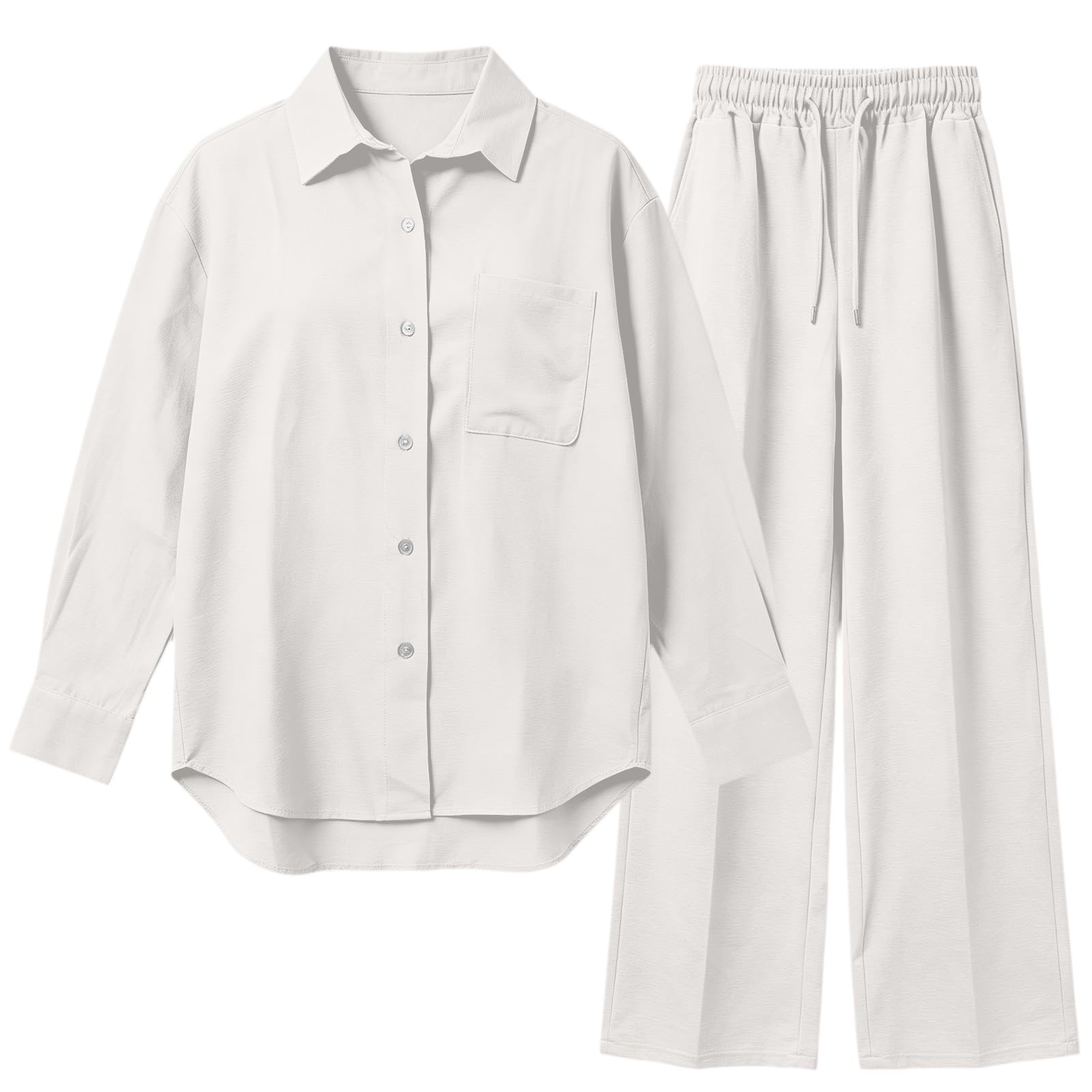 Completo estivo da donna, in lino, 2 pezzi, pantaloni lunghi estivi | Camicia in lino traspirante e pantaloni in lino, abbigliamento casual, tinta unita, set con camicetta in lino, leggera