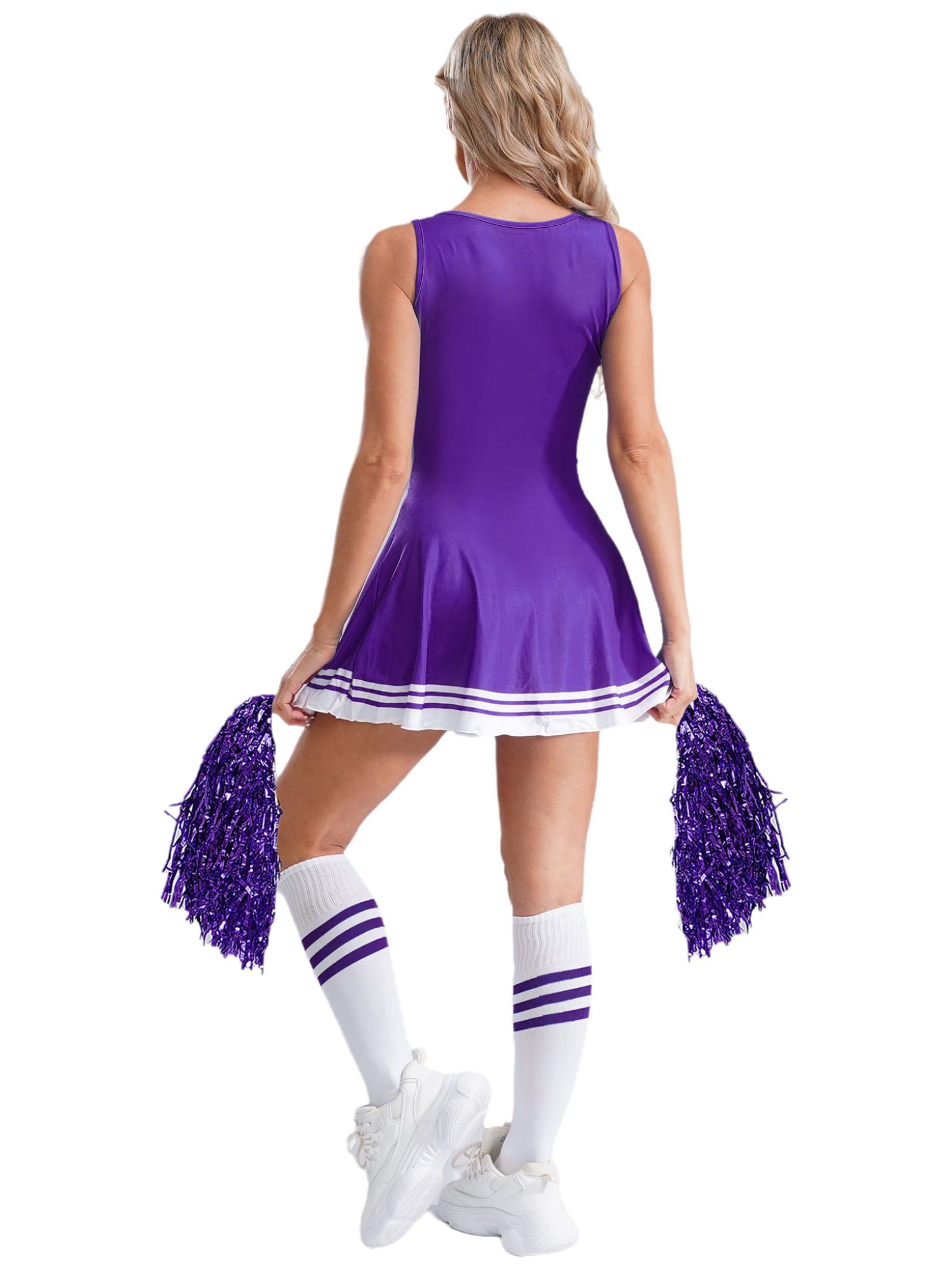 TTAO Déguisement de Pompom Girl Femme Costume de Cheerleading sans Manches Uniforme de Pom-Pom Girl avec Pompoms Chaussettes Costume Carnaval Halloween Spectacle S-XL - 2