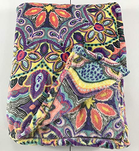 Boho Velvet Fleece Throw Blanket: Soft Plush Bright Decorative Paisley Patterned Accent For Couch Or Bed, Colored: Teal Hot Pink Purple Yellow Black #TOP3