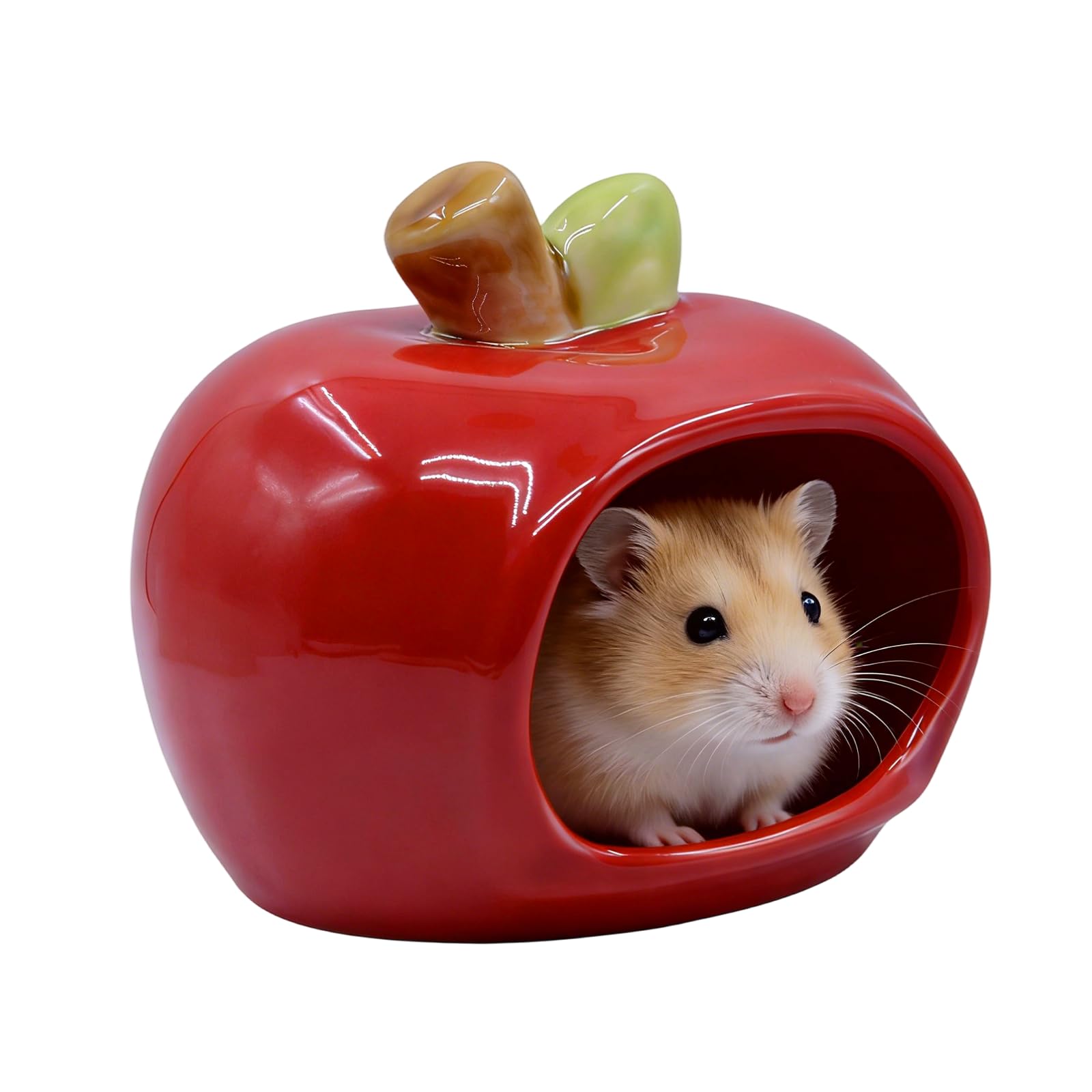 MC MEICHUANG Ceramic Hamster Hideout, Apple Shape Cute Cooling Cave, Small Pet Habitat House, Non-Toxic Glazed Nest For Dwarf Hamsters Gerbil Golden Bear(Red)