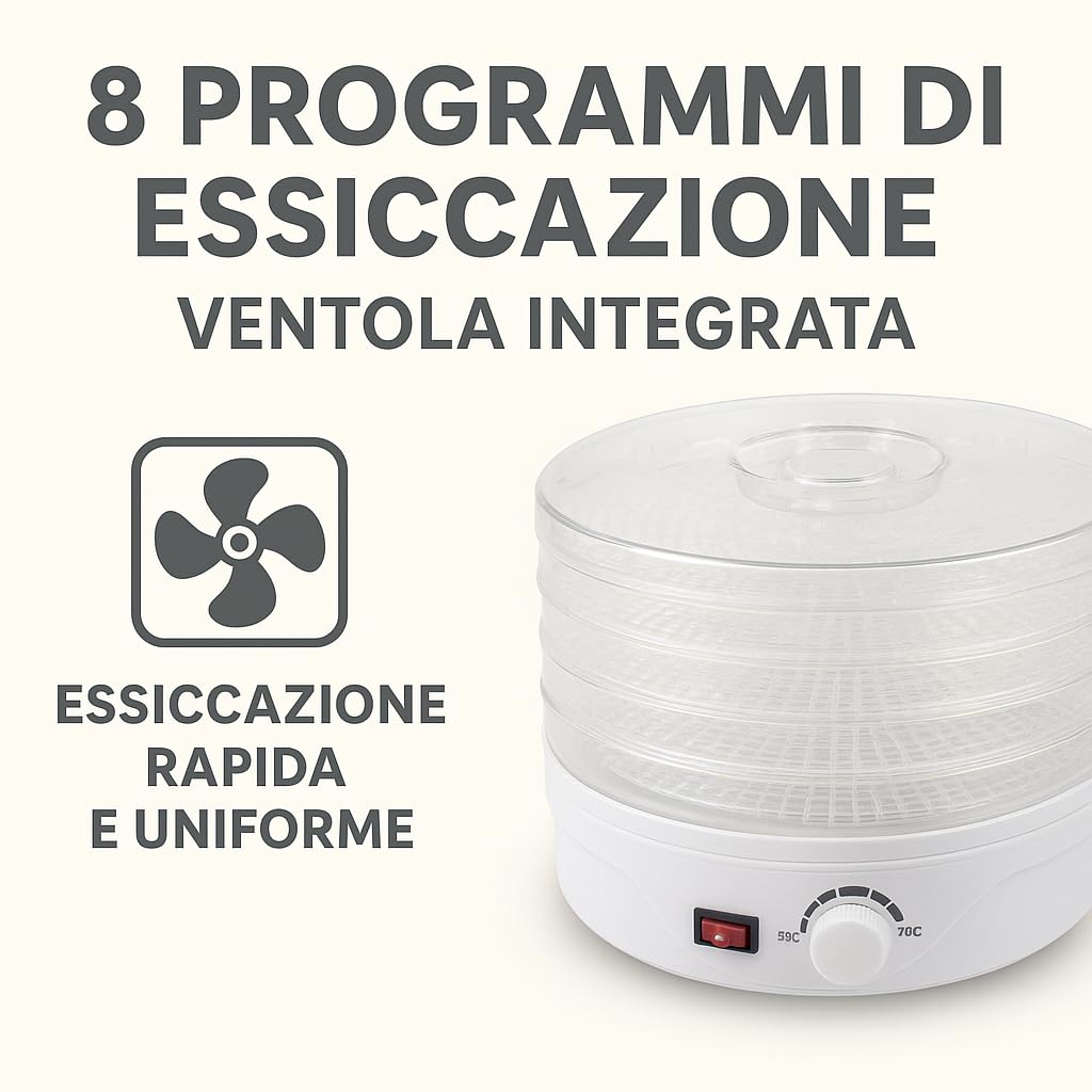 Essiccatore Alimentare 250W con 4 Vassoi – Essiccatore per Funghi, Frutta e Verdura Essiccatore per Alimenti Compatto, 8 Programmi, Ventola Potente, Facile da Usare