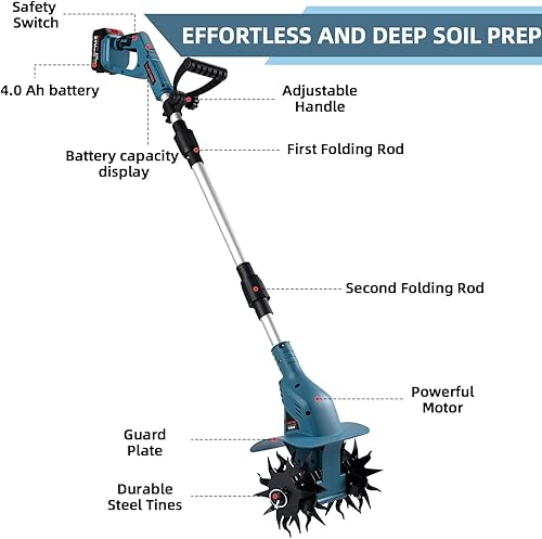 Miniatura 3 de Cultivador de suelo sin cable de 21 V, cultivador de jardín de 8 pulgadas de ancho con batería de 4.0 Ah, cultivador con dientes de acero y pantalla