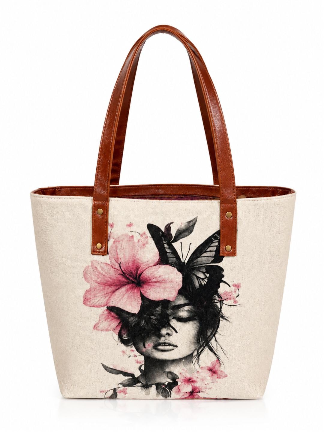 mantika Floral Lady Print Canvas Tote Bag for Women | Large Shoulder Handbag with PU Leather Handles | Stylish Office & Shopping Tote | Premium Reusable Canvas Carry Bag-picture-33
