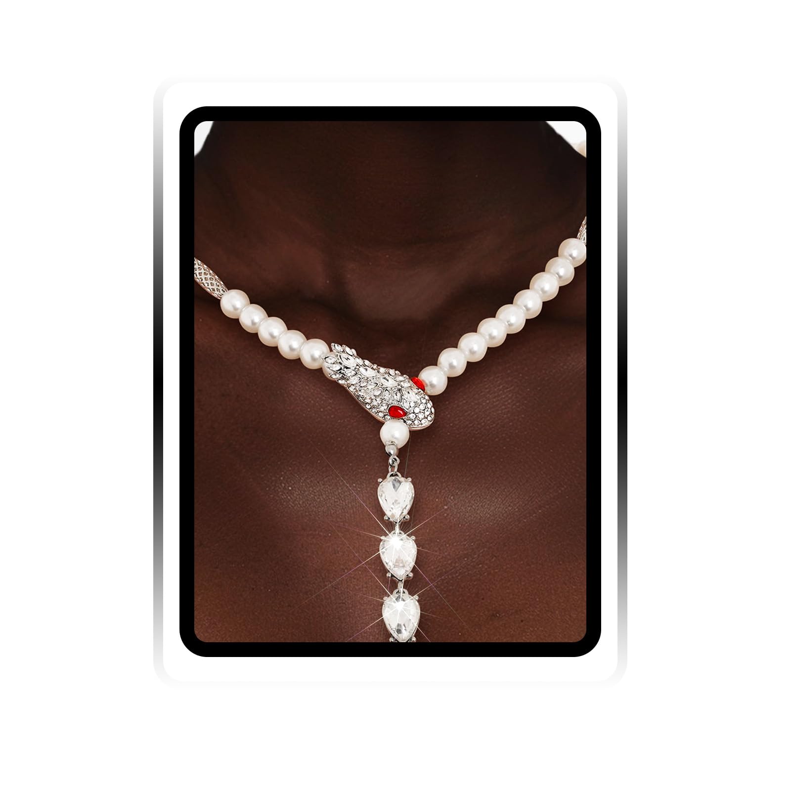 Navoky Silver Snake Necklace Rhinestone Sparkly Pearl Charm Long Y-Necklace Jewelry for Women