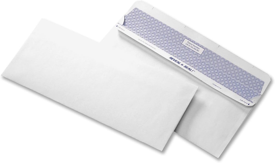 Quality Park Reveal-N-Seal Security Tinted Envelope, 10, Commercial Flap, Self-Adhesive Closure, 4.13 x 9.5, White, 500/Box