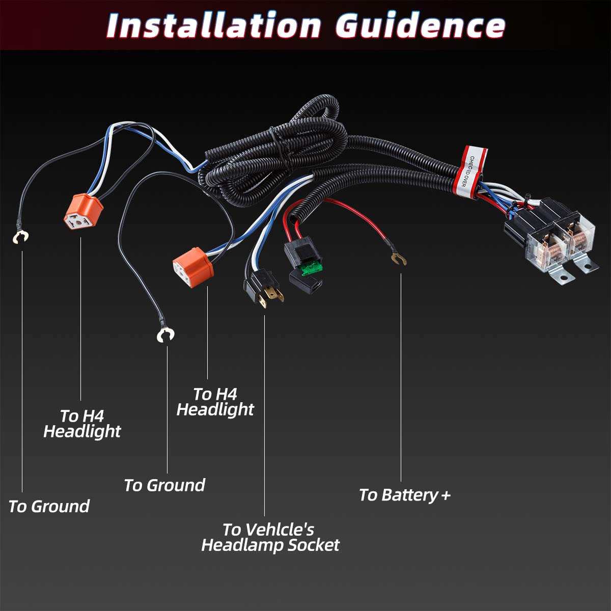 GZJMING H4 Relay Harness Led Headlight Wiring Extension H6054 5x7 7x6 1set 2-Headlight Upgrade for Toyota 95-97 Tacoma 88-95 Pickup Fix Dual Ground Problem, Black