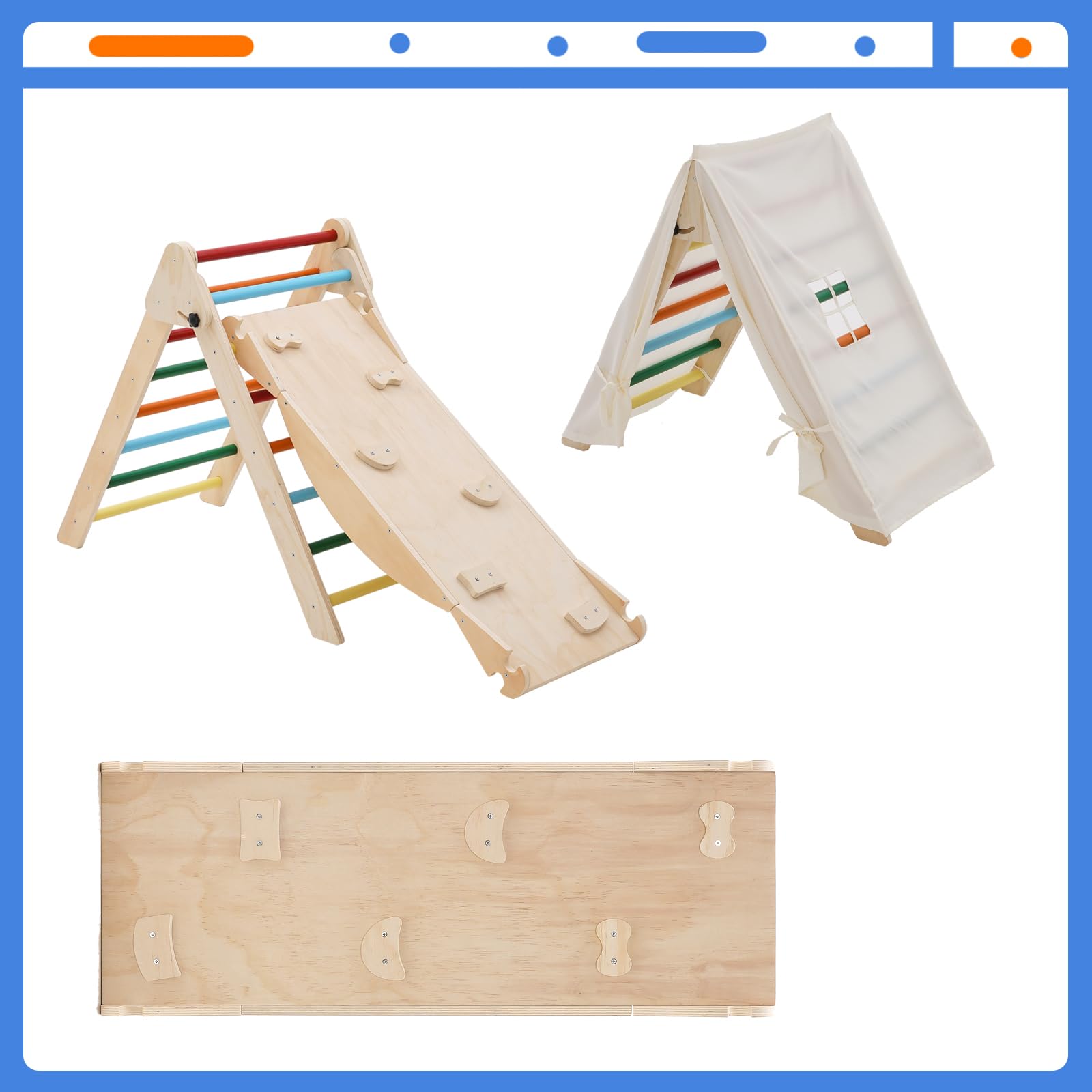 5-in-1 Montessori Kletterdreieck, Klettergerüst Indoor mit Rutsche, Kletterleiter und Zeltdach, Wippe, Faltbares Holz Klettern Spielzeug Indoor Outdoor Set, Indoor Spielplatz 1-5 Jahre