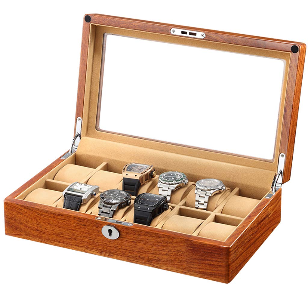 ANVLOJRIH Watch Display Storage Box Boy Premium Glossy Wooden Watch Box 12-Slot Luxury Case Display Storage Box Jewellery Trinket Box Creative Simple Retro (Brown Lining)