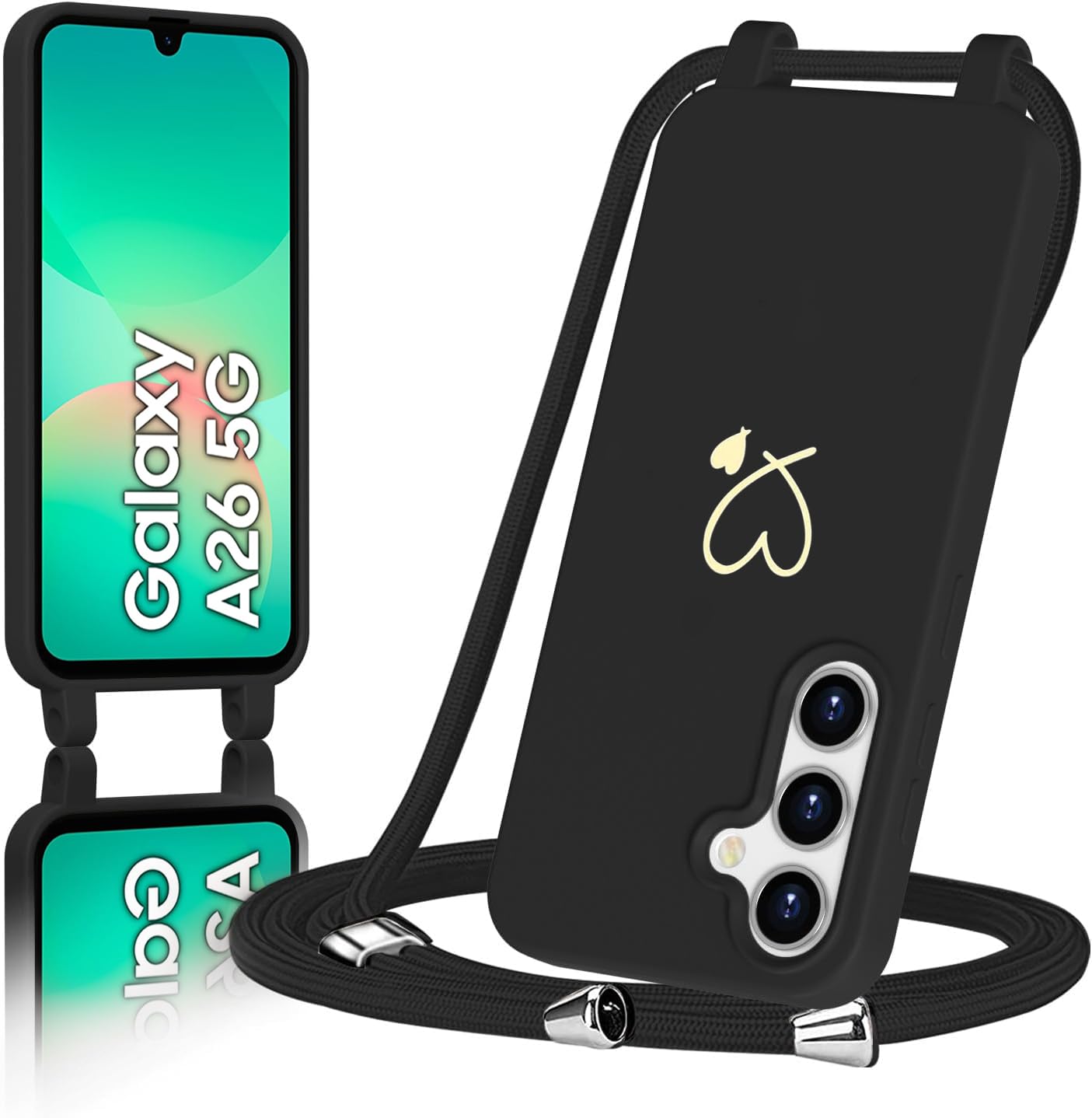 AoozeFon für Samsung Galaxy A26 5G/4G Hülle mit Band, Handyhülle Samsung A26 5G/4G mit Kordel zum Herz, Schutzhülle Handyband mit Umhängen Abnehmbare Weich TPU Liquid Silikon Bumper, Schwarz