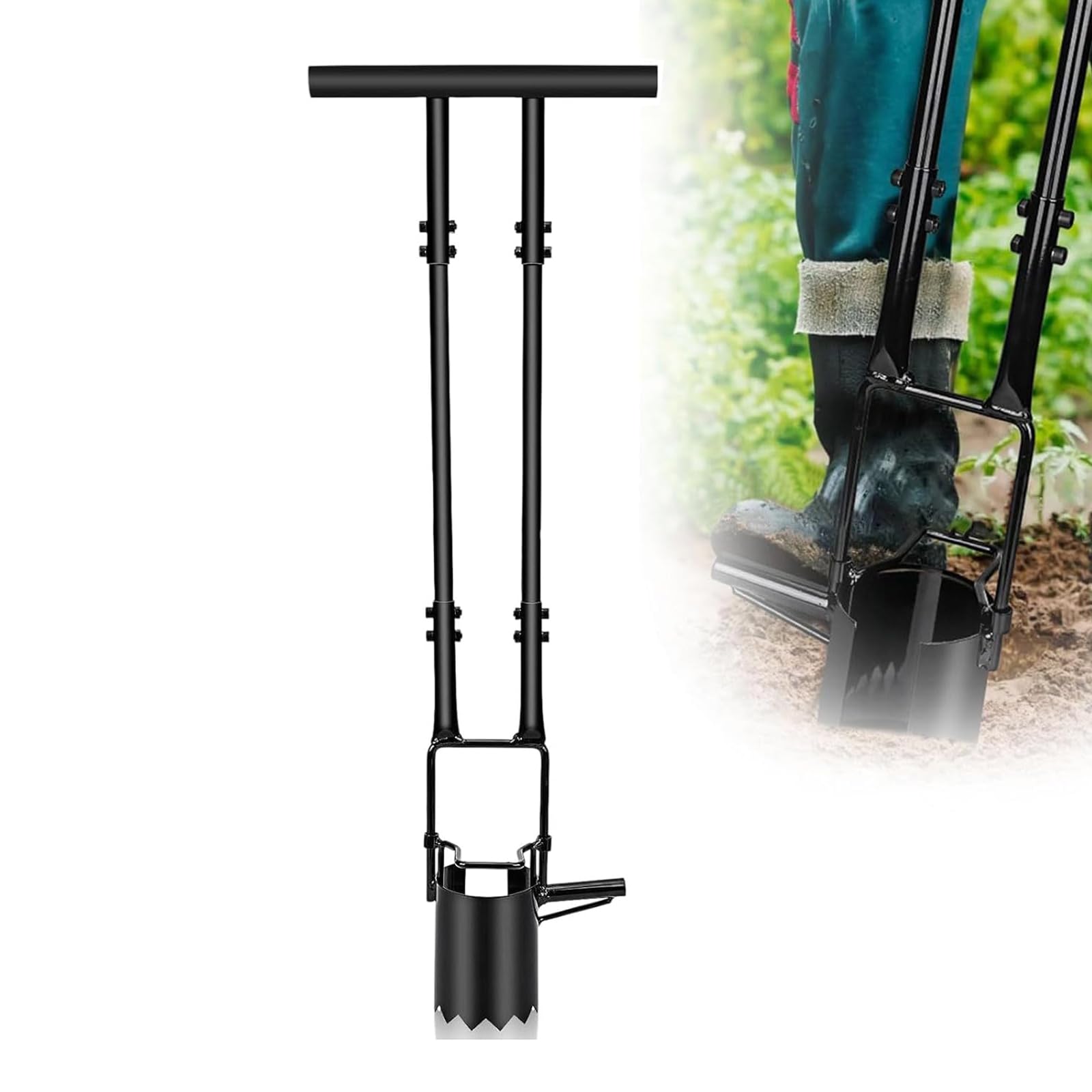 Plantador De Bulbos con Mango Largo, Trasplantador De Bulbos para Jardinería, Base Dentada, 100 Libras De Carga Y Un Tubo De Acero De 20 Mm De Diámetro, Robusto Y Ahorrador De Trabajo