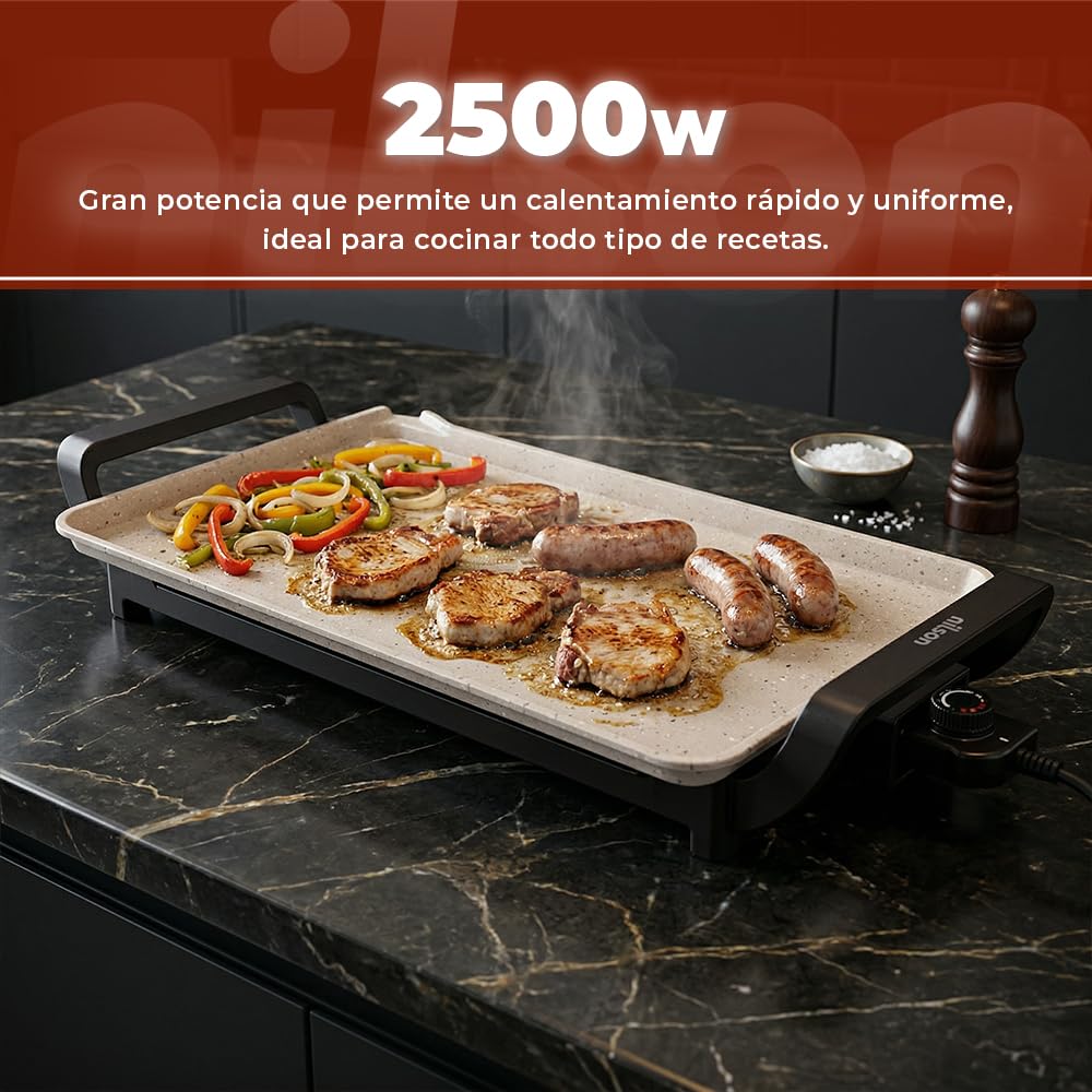 Plancha de Asar, Grill Eléctrico, 2550 W, Cocina Carnes, Verduras y Mariscos, Revestimiento Antiadherente, NPE533300L, Control de Temperatura, Superficie de Cocción 58x33 cm
