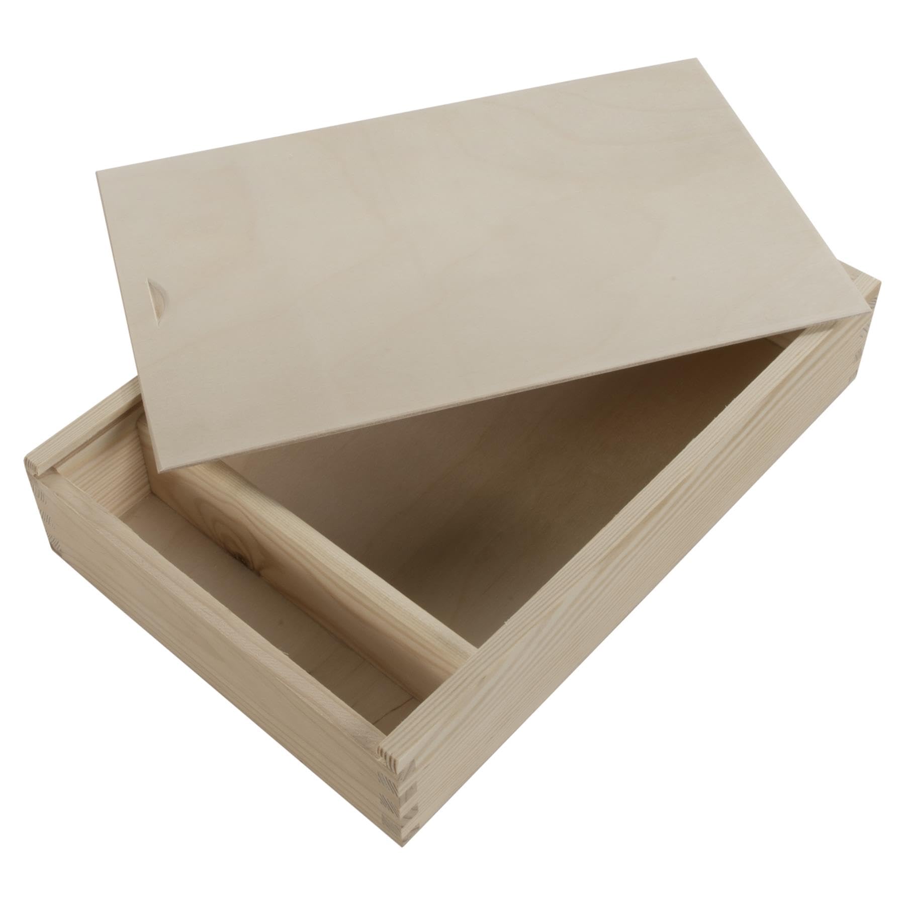 WooDeeDoo Large Wooden Storage Box with Sliding Lid and Compartments – 32 x 21 x 6 cm – Flat Holder for 7x5 or 18x13cm Photo Prints USB Cards Crafts Gifts Stationery Jewellery Pine DIY Finish