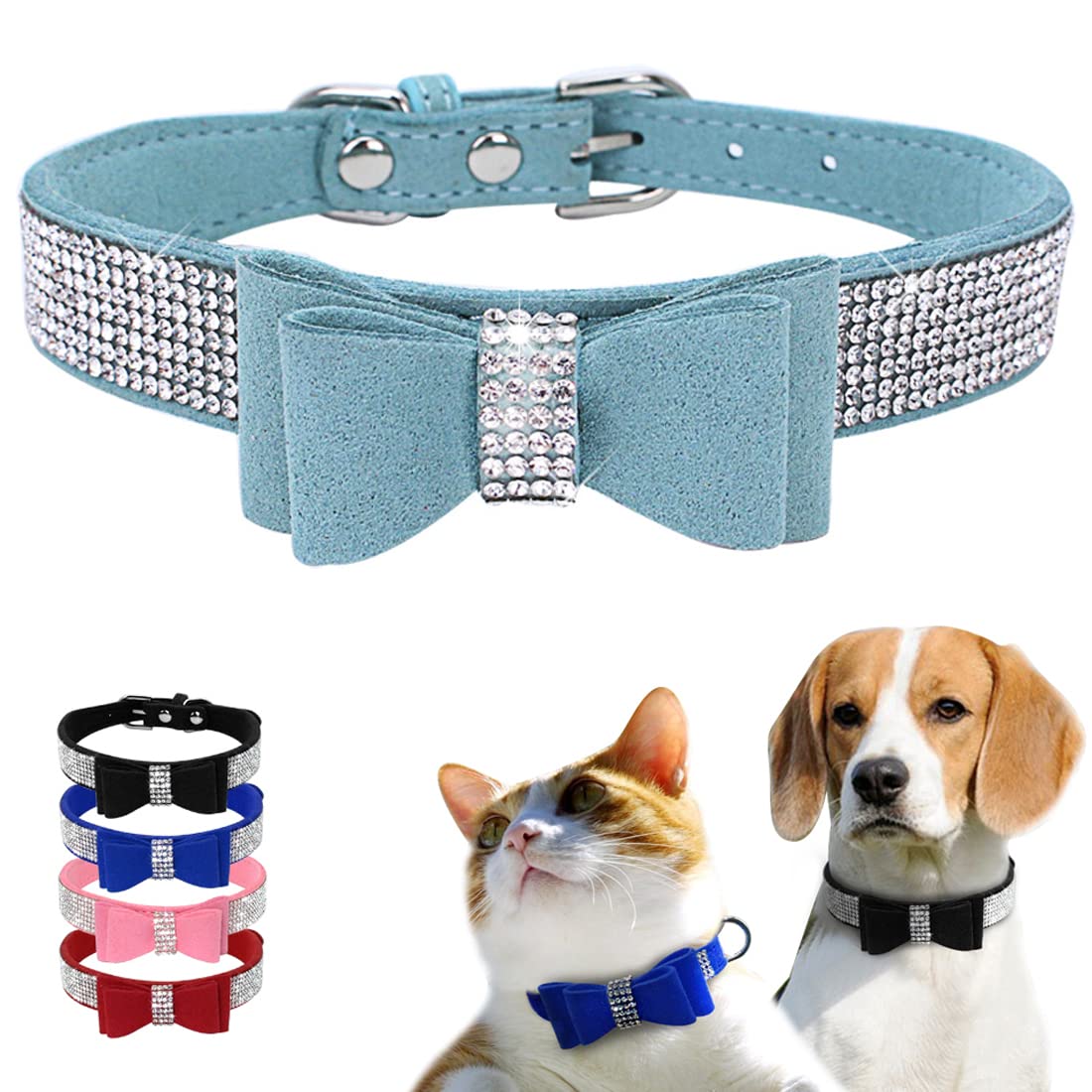 Hundehalsband Mit Strass Und Schleife – Verstellbar, Aus PU-Leder, Für Kleine & Mittlere Hunde (Blau, XS)