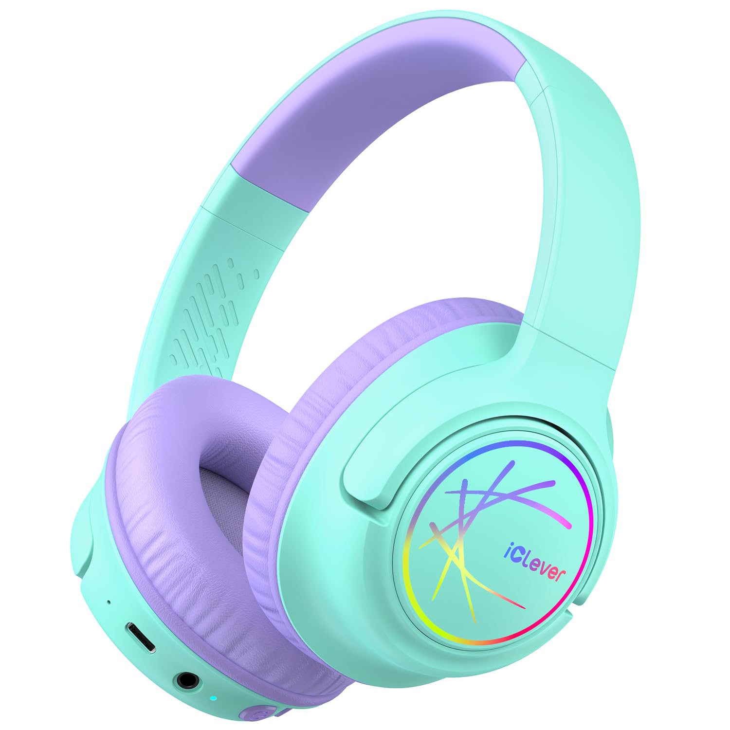 iClever Bluetooth Kopfhörer Kinder mit LED-Leuchten, 74/85dBA Lautstärkebegrenzung, 43 Stunden Spielzeit, Stereo-Sound, Typ-C, AUX-Kabel, Bluetooth5.3 Kinderkopfhörer für Tablet/Reisen