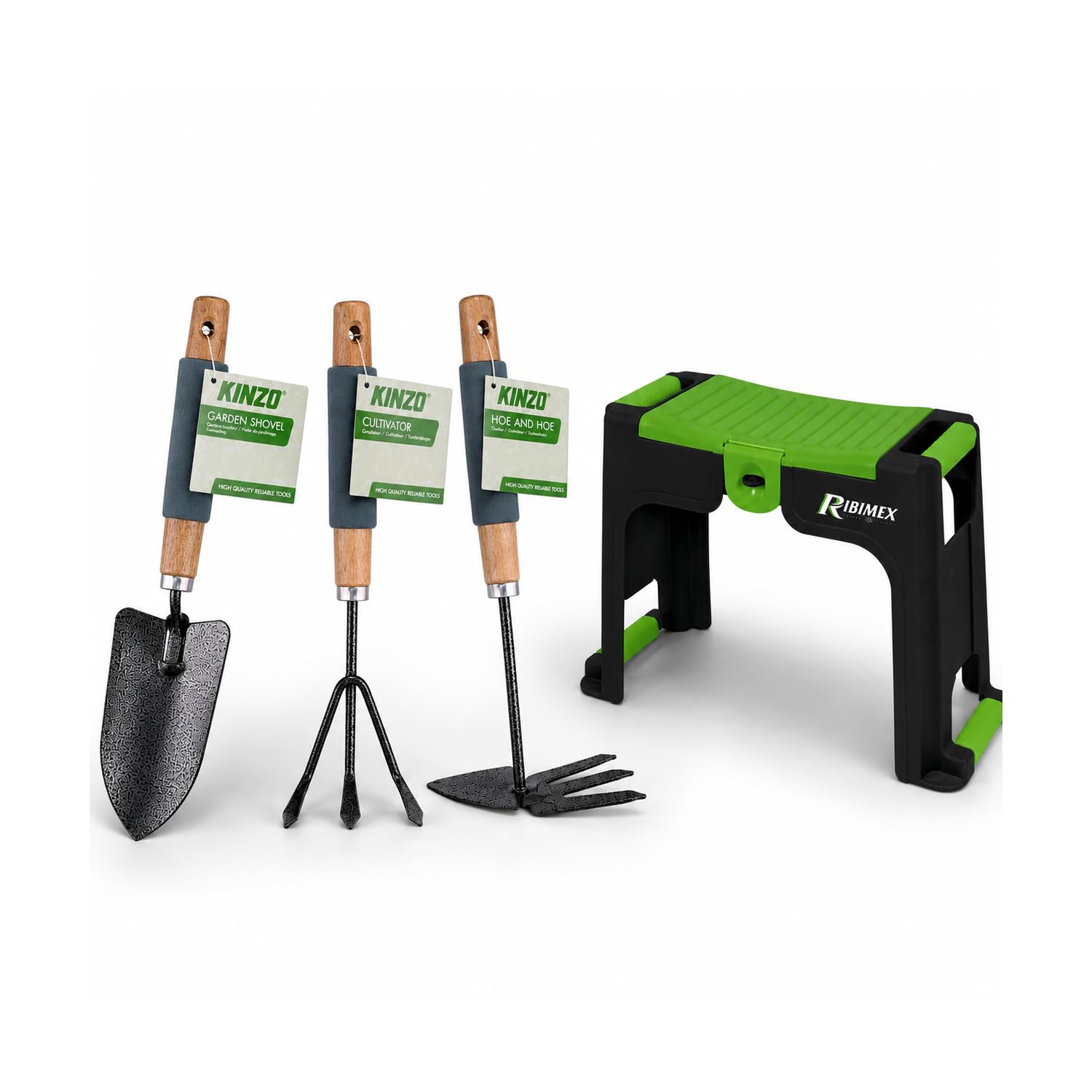 KINZO Pack Jardinage Confort Agenouilloir Tabouret Rangement Ribimex + Kit 3 Outils Main Pelle Griffe Serfouette