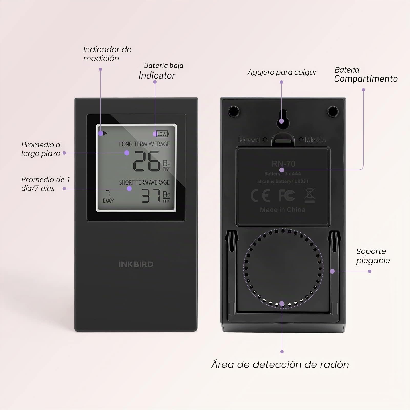 Inkbird Medidor Radon,Detector de Radon Portatile Monitoreo Continuo a Corto y Largo Plazo,Alerta de Pila Baja,Versión EU-Bq/m³,Detector de Gas Radón para Casa, Oficina, Garaje