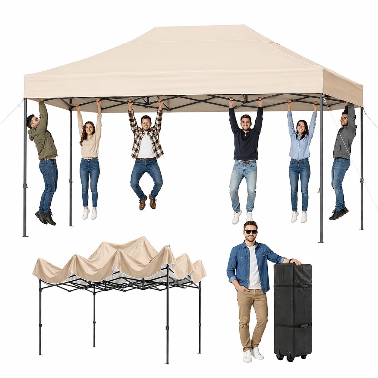 Aoxun Pop Up Gazebo 3 x 4.5m Waterproof Outdoor Canopy with Wheeled Carrybag,6 Weight Bags, 8 Stakes and 4 Ropes, Heavy Duty Instant Shelter for Garden Party BBQ, Beige