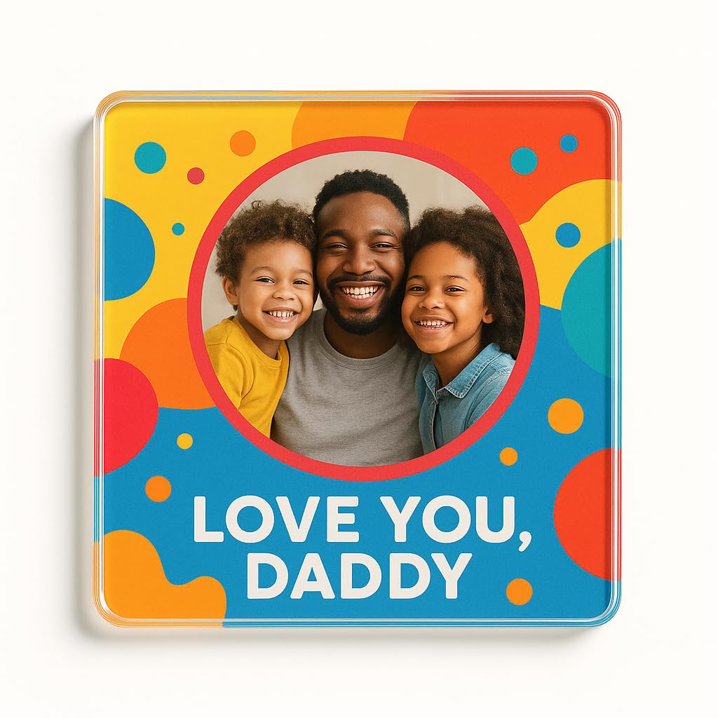 Personalised Photo Acrylic Coaster Gift - Vibrant Colourful Design for Dad - Personalised Father's Day Present with Photo Frame