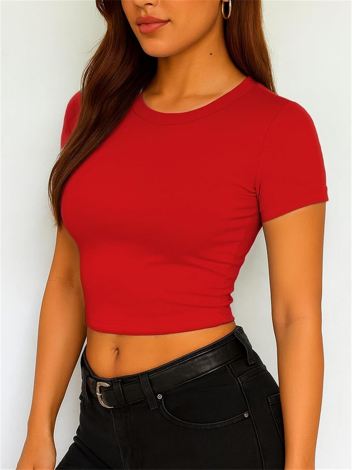 ForeFair Women's Casual Going Out Crop Tops Crew Neck Slim Fit Short Sleeve Basic Tight T Shirts - Image 3