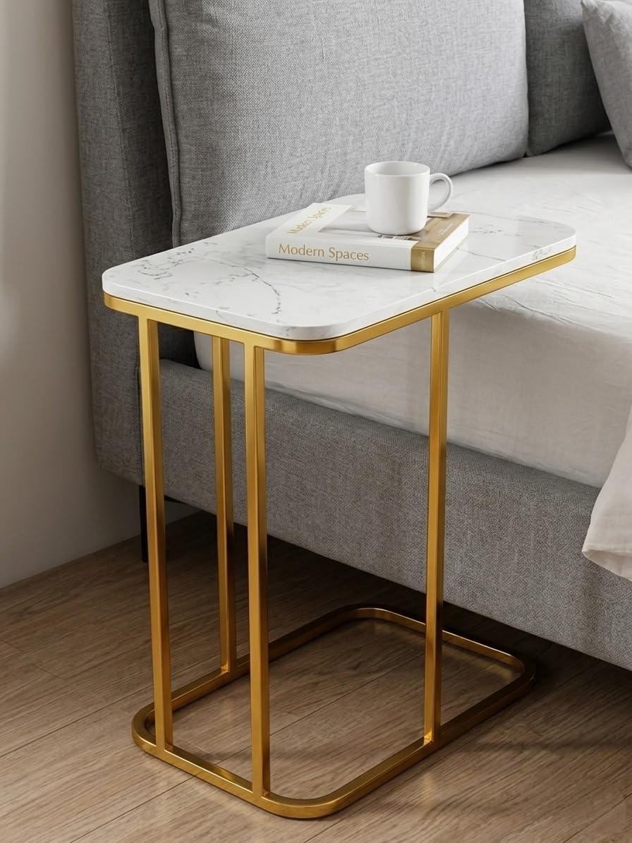 Modern C Shape Side Table | Marble Finish Metal Coffee Table for Sofa, Bedside & Living Room (Gold White)-image-36