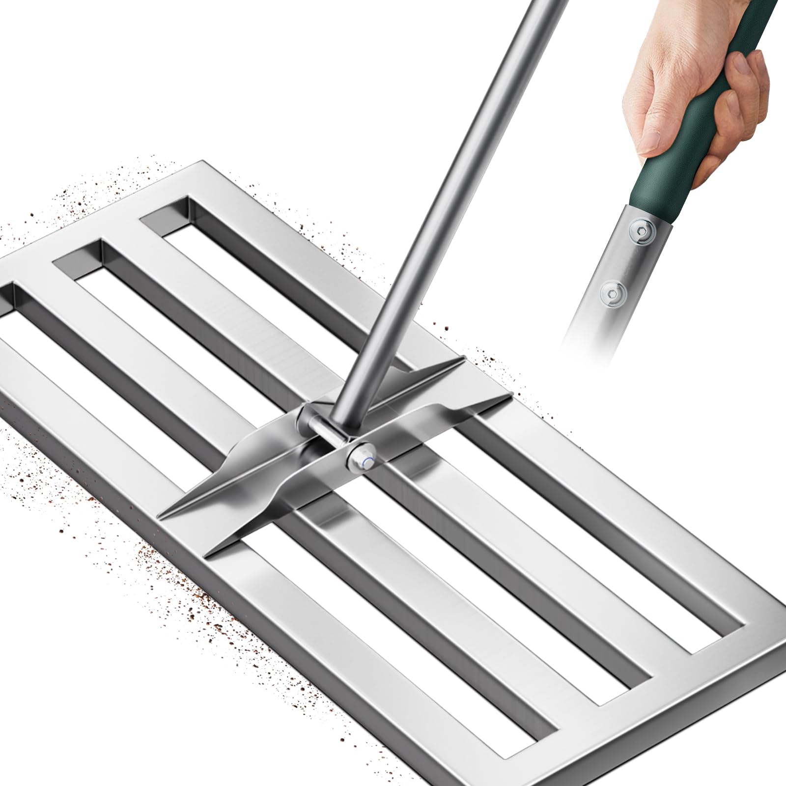 20"x10" Stainless Steel Lawn Leveling Rake – Rake with Full-Closed Top Base, Heavy Duty Lawn Leveler, Not Turn Over Easily, Thick Rod in Tapped Threaded & Frosted Fine Grain, No Wobbling