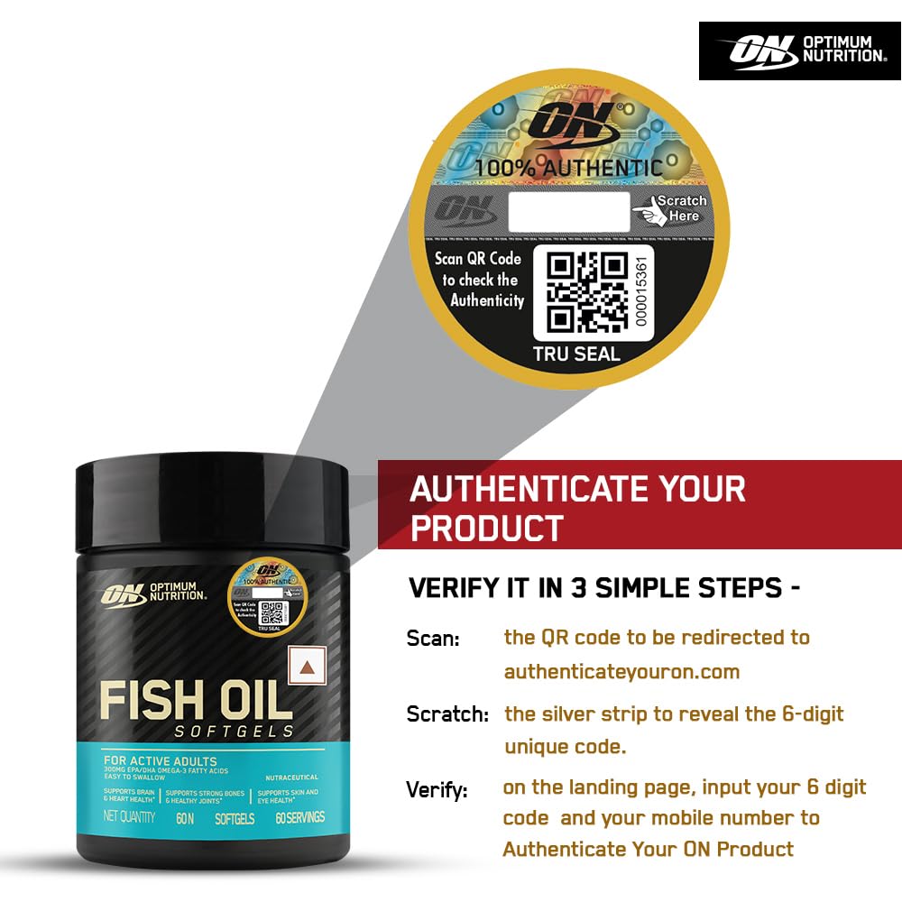 Optimum Nutrition (ON) Fish Oil - 60 Capsules, 300mg EPA/DHA Omega -3 Fatty Acids for Strong Bones-Healthy Joints, Brain, Heart, Skin & Eye Health 2