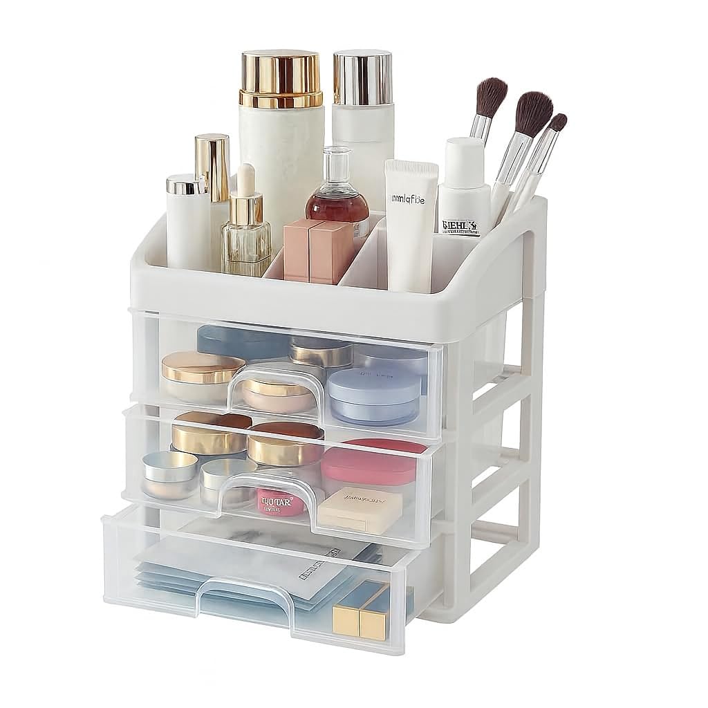 Makeup Storage Box and Organiser with 3 Layer Drawers & Top Compartment – Plastic Cosmetic Storage Box for Vanity, Skincare, Perfume, Brushes Lipsticks & More – Desktop Organizer (White)-image-36