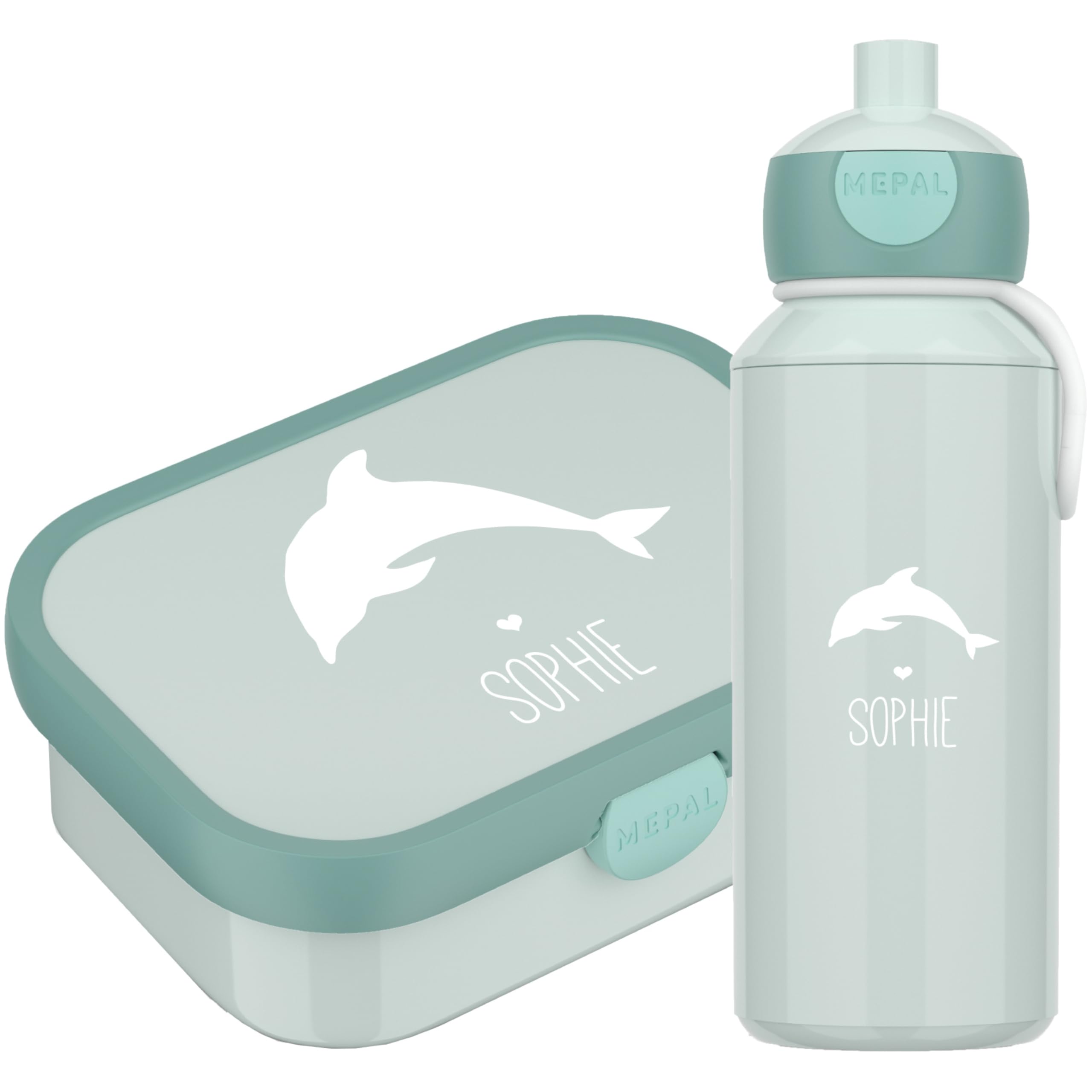 4ou Design Mepal Set Brotdose & Trinkflasche personalisiert mit Namen – Delfin türkis – Auslaufsicher, Bento Einsatz rausnehmbar, inkl. Snackgabel – BPA frei – Geschenk für Kinder (Cool Mint Delfin)