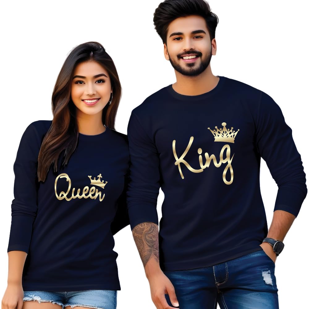 Bouncy ToonzCouple T Shirts King Queen Couple Matching Dress-Couple Tshirt Combo- Regular Fit Cotton Round Neck Half Sleeve (cus-Couple-kingqueen)