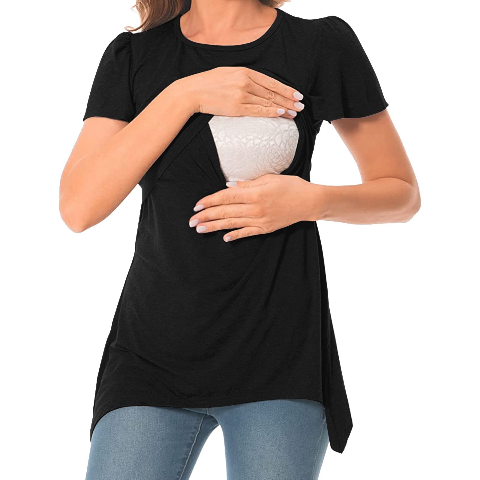 Donkey T-shirt de maternité à ourlet irrégulier pour femme - T-shirt décontracté à manches courtes et col rond - T-shirt d'allaitement basique, b-noir, XXL