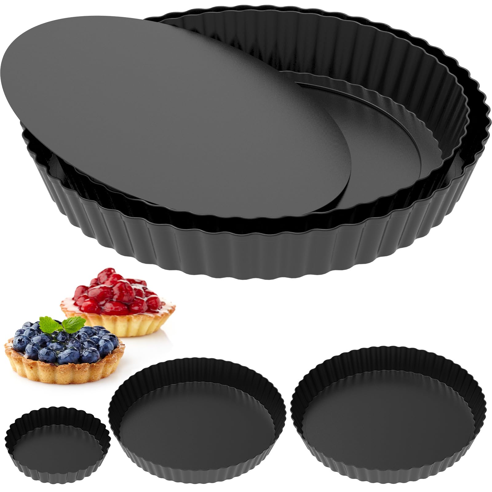3Pcs Quiche Dish, Non-Stick Quiche Tins with Removable Bottom Easy to Release Pie Baking Trays Multipurpose Pizza Baking Tins Effortless to Clean Tart Pan for Cake Pizza Pie(black)