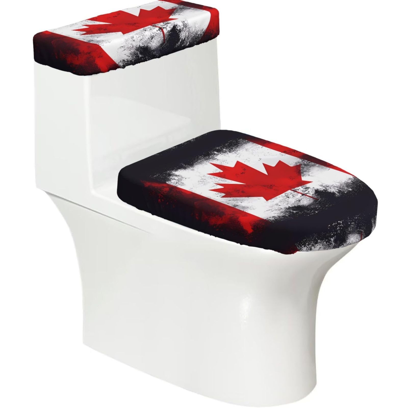 Wzycwb Black Canadian Flag 2-Piece Toilet Seat Cover Set With Tank Lid, Elastic Fit For U-Shape & Elongated Toilets, Bathroom Decor, Housewarming Gift