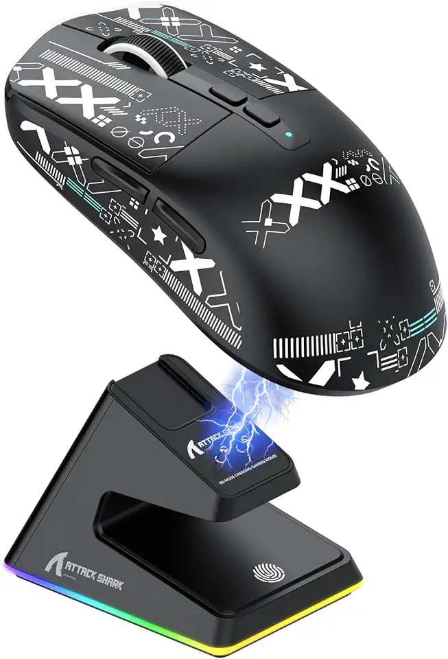 Mouse ATTACK SHARK X6 49g SUPERLIGHT com base de carregamento magnética, sensor para jogos PixArt PAW3395, mouse para jogos sem fio/com fio BT/2.4G, 26000 DPI