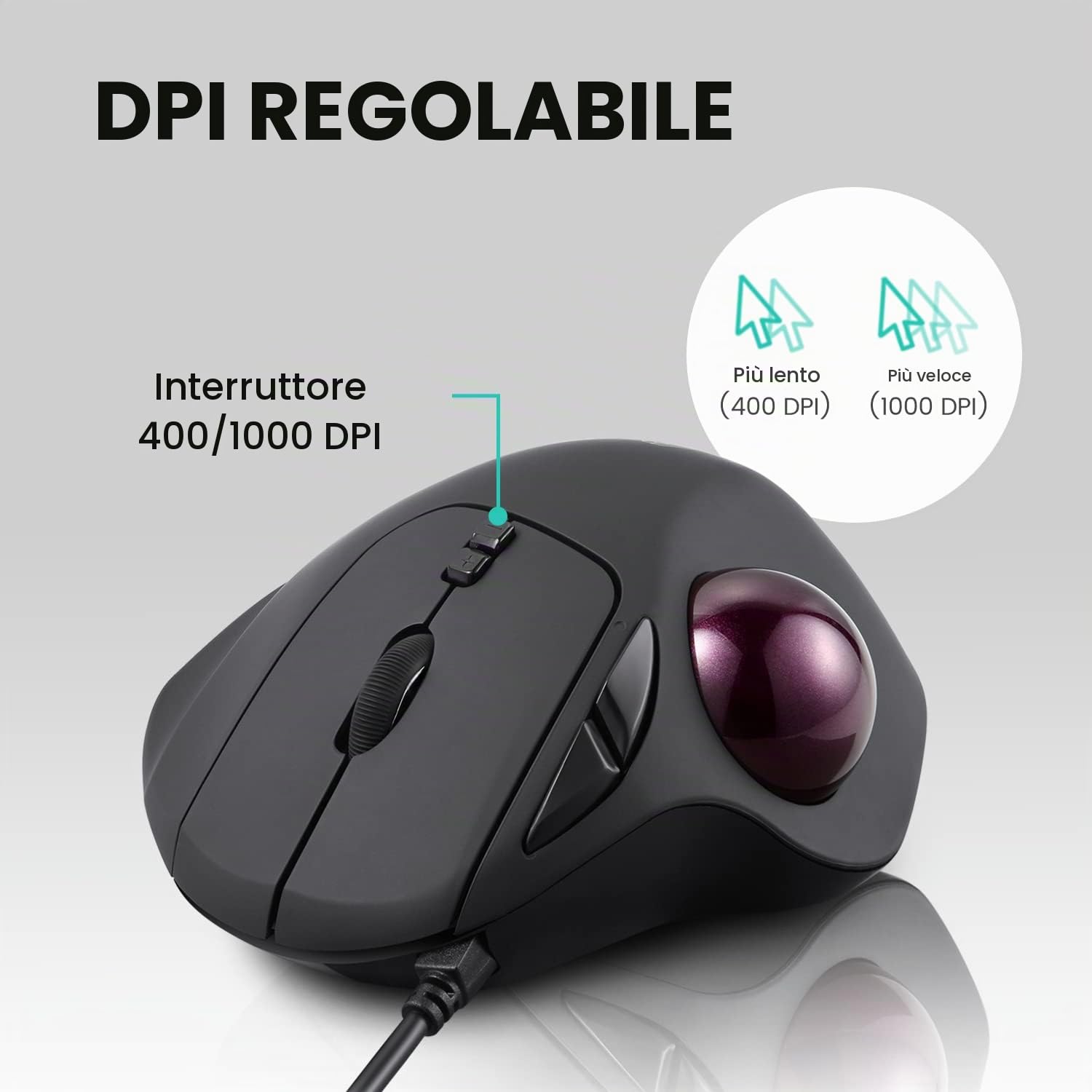 Perixx PERIMICE-517 Trackball Mouse Ergonomico con Cavo - 7 Tasti - 400/1000 DPI - Nero