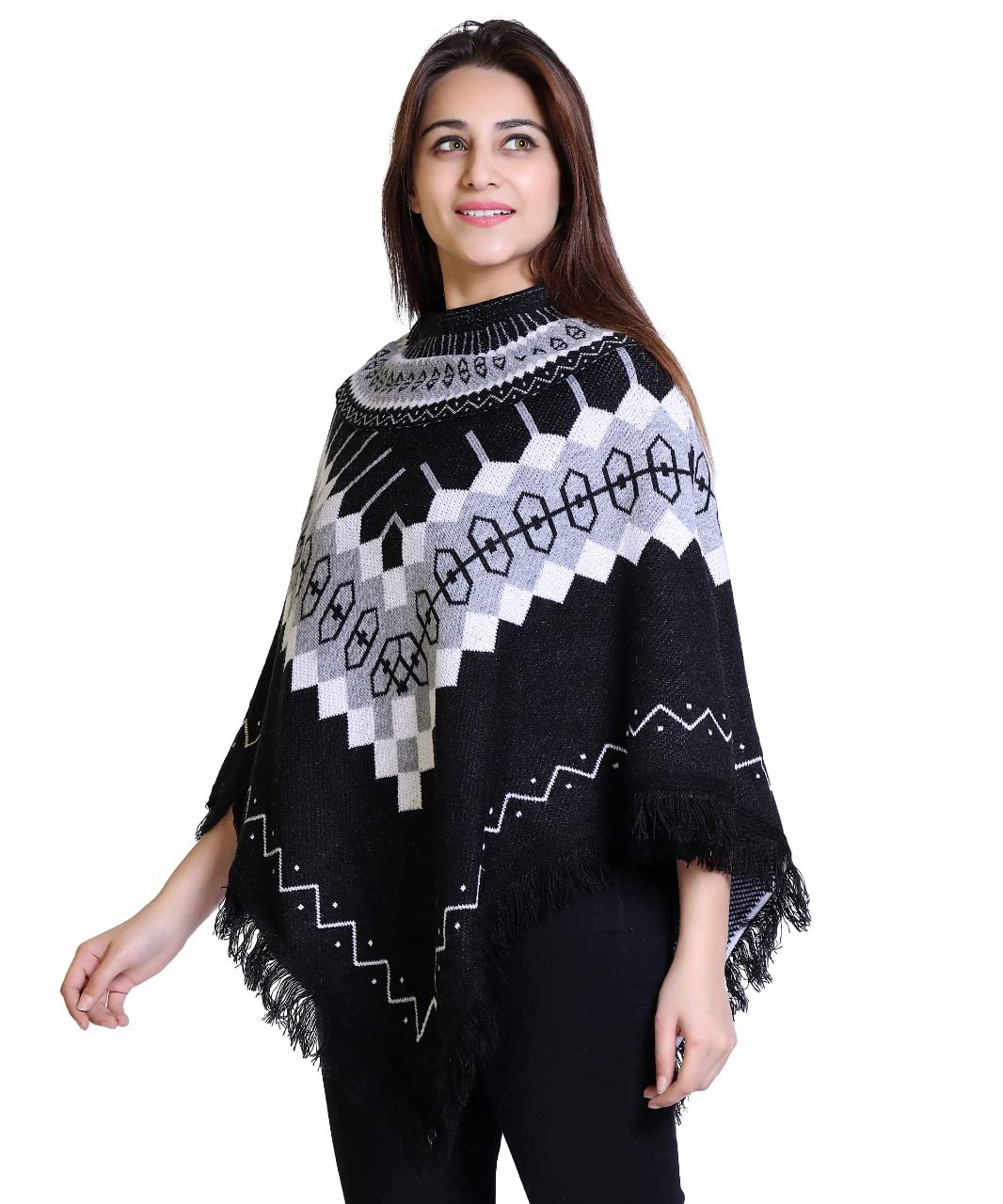 Stylish Poncho Women,Women Ladies Girls Winter Wear Round Neck Self Design Woolen Dori Design Poncho