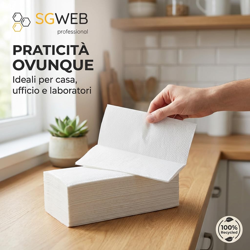 Asciugamani di Carta Piegati a Z [7.500 Fogli] 2 Veli in Pura Ovatta, Salviette Interfogliate Antinceppo 22,5 x 24 cm per Dispenser Bagno Prodotto Professionale [50 Confezioni]