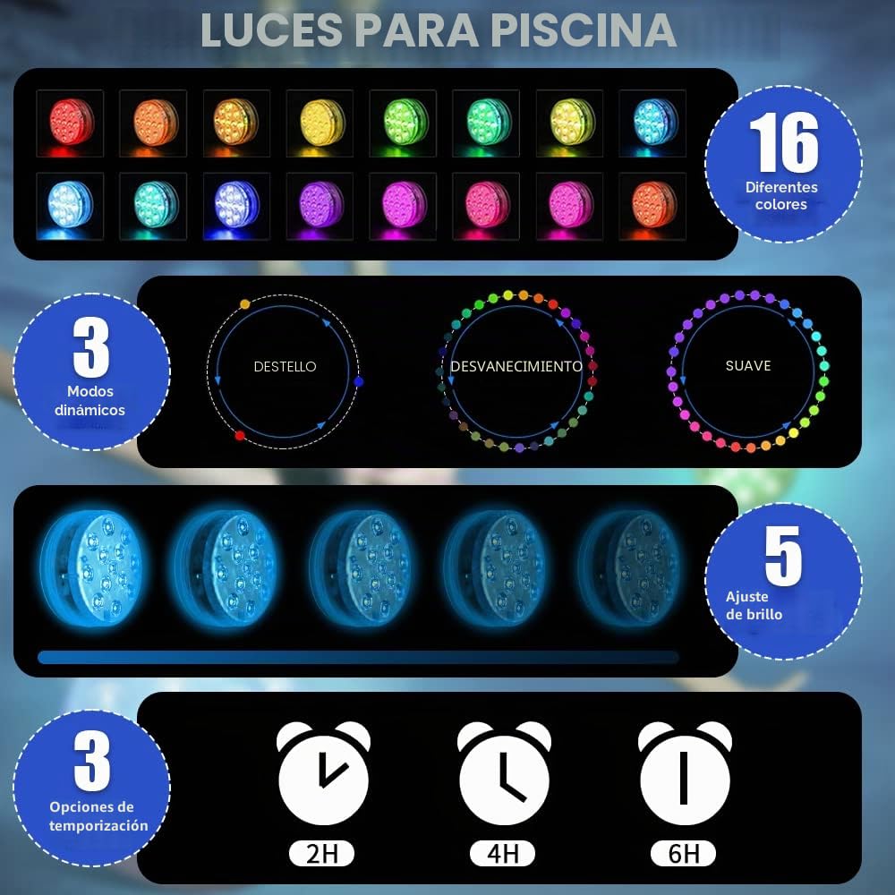 Luz subacuática, 4 unidades LED para piscina, luces magnéticas subacuáticas, IP68, resistente al agua, iluminación para estanque, bañera, fuente, acuario, decoración interior
